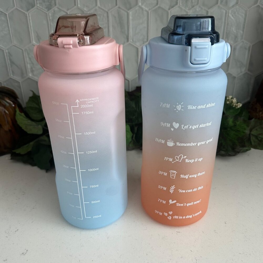2-Pack Gradient Motivational Water Bottles With Time Markers & Flip Lids 64oz BP